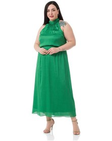 Resim Büyük Beden Boyundan Bağlamalı Beli Lastikli Saten Uzun Yeşil Elbise-yeşil Yeşil 