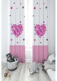 Resim Mekta Home Bebek Ve Çocuk Odası Kalpli Çiçekli 2 Kanat Fon Perde 
