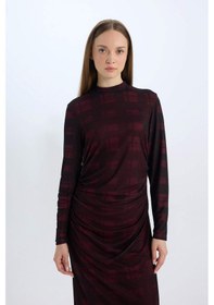 Resim DeFacto Regular Fit Yarım Balıkçı Yaka Desenli Uzun Kollu Maxi Tül Elbise E1959AX24WNBR115 Bordo 