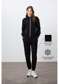Resim Tommy Life Siyah Kompakt Pamuklu Kalın Pürüzsüz Dokulu Dik Yaka Oversize Fit Kadın Eşofman Takım - 95340 Siyah 