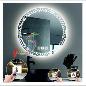 Resim Dnr-Mirror55 Cm Beyaz Ledli Tasarım Kumlamalı Dokunmatik Bluetoothlu Buğu Önleyicili Banyo Aynası Makyaj Ayna 