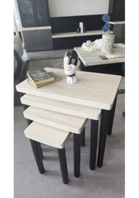 Resim 4lü Traverten Zigon Sehpa Bohem Siyah Ayak Bej - Siyah 