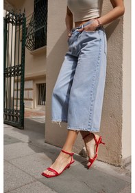 Resim Flexi Kadın Dore Duz Tek Bant Topuklu Sandalet Kırmızı 