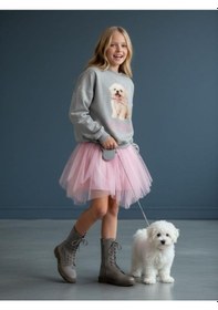 Resim Kız Çocuk Pamuklu Köpek Baskılı Oversize Tasarım Sweatshirt-16472 Vizon 
