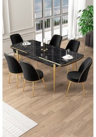 Resim Canisa Pale Serisi 80x132 Açılabilir Siyah Mermer Desen Mutfak Masa Takımı 6 Siyah Sandalye Gold Detay Masa Siyah Mermer Desen Sandalye Siyah Gold Ayak 