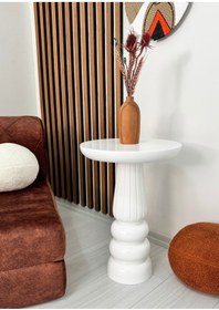 Resim ASELYA HOME Ahşap Tekli Mantar Yan Sehpa Modern 50cm Beyaz Renk Fiskos Çiçeklik 