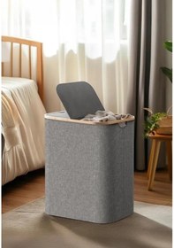 Resim 150 Lt Katlanır Kumaş Bambu Çamaşır Sepeti 2 Bölmeli İçi Fileli Kirli Çamaşır Sepeti Gri 