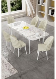 Resim Canisa Gale Serisi 80x132 Açılabilir Lak Panel Beyaz Mermer Desen Mutfak Masa Takımı 6 Krem Sandalye Masa Beyaz Mermer Desen Sandalye Krem 