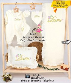 Resim Gros Shop Yeni Doğan %100 Pamuk Müslin Hastane Çıkış Mevlüt Seti-takı Yastık Kişiye Özgü İsimli Nakış Desenli Ekru-3 
