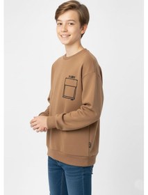 Resim Baskı Detaylı Bisiklet Yaka Erkek Çocuk Sweatshirt-90912 Kahverengi 