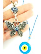 Resim cuaderno Turkuaz Nazar Boncuğu Cam El Yapımı Araba Dikiz Ayna Süsü+kelebek Anahtarlık Hediyelik Set 