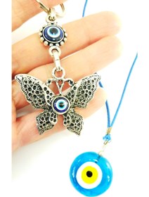 Resim cuaderno Turkuaz Nazar Boncuğu Cam El Yapımı Araba Dikiz Ayna Süsü+kelebek Anahtarlık Hediyelik Set 