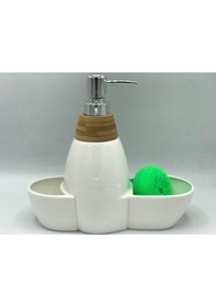 Resim Arow TR-252 Vilma Porselen Mutfak Tezgahı Üstü Bambu Sıvı Sabunluk Seti Beyaz 