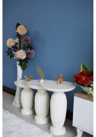 Resim 3'lü Çizgili Vazo Beyaz Yan Sehpa Beyaz 
