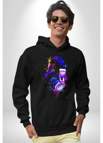 Resim Gamer Oyuncu Kulaklığı Renkli Kadın Erkek Siyah Kapüşonlu Sweatshirt Hoodie Siyah 