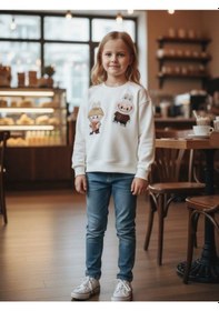 Resim Kız Çocuk Pamuklu Karakter İşlemeli Sweatshirt-16392 Ekru 