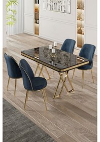 Resim Canisa Vals Serisi 80x130 Lak Panel Siyah Mermer Desen Masa Takımı Gold Ayaklı 4 Antrasit Sandalye Masa Siyah Mermer Desen Sandalye Antrasit 
