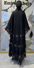 Resim Üç Katlı Gold Çiçek Taşlı Siyah Şifon Abaya Şal Dahil | TM33 GSB - 2XL / Siyah 
