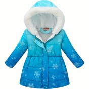 Resim JOMAKE kızlar için mavi ve siyah kar tanesi desenli kışlık kaban, her kışta küçük çocuğunuzu güvende, şık ve sıcak tutar. Beyaz kadife kapüşonlu tasarımıyla romantik bir kış havası yaratır 