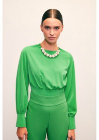 Resim Sateen Kolye Detaylı Crop Bluz - Yeşil 