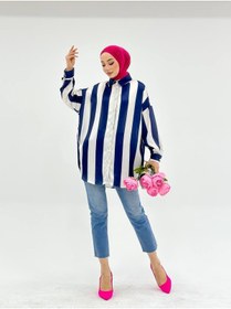Resim CNG MODA Tesettür Çizgili Saten Gömlek 