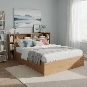 Resim Mukotoys Story Wood Kitaplıklı Karyola 150X200 | 1. Sınıf Mdf Ceviz Görünümlü | Raflı Başlık ve Karyola Seti 