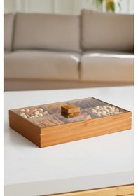 Resim Porsima 76748 Akasya 6 Bölmeli Kapaklı Ahşap Bambu Çerezlik Sunumluk Saklama Kabı Ahşap 