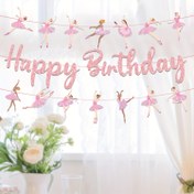 Resim Pink Ballerina Parti Afişi - Doğum Günleri, Düğünler, Genç Duşları ve Gelin Duşları için Bale Dansçısı Siluet Dekorasyonu - "Mutlu Yıllar" Metni ile Şık Kağıt Asma Dekoru - İç/Dış Mekan Kullanımı, Dansçı Hediyeleri 