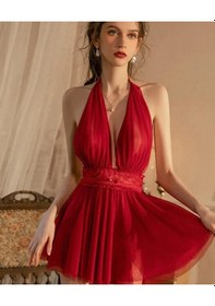 Resim Kadın Boyundan Bağlamalı Derin Dekolte Tül Mini Gecelik/babydoll Kırmızı 