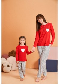 Resim Pjs Kız Çocuk Anne-kız %100 Pamuklu Kalpli Desenli Çizgili Uzun Kollu Pijama Takım Kırmızı 