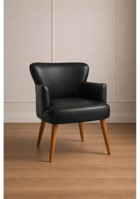 Resim Waterybrook Tekli Berjer Koltuk - Suni Deri - Ceviz Ahşap Ayaklı - Modern Retro Tasarım - Ofis Ve Salon Koltuğu Siyah 