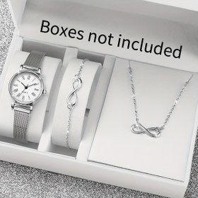 Resim Kadınlar için Şık Moda Roma Rakamlı Küçük Kadran Minimalist Kuvars Saat + Bilezik + Kolye 3'lü Set, Saat Kutusu Olmadan 