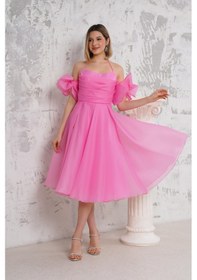 Resim Livanomi Kol Detaylı Boyundan Bağlamalı Midi Boy Pembe Abiye Pembe 