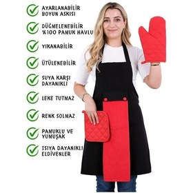 Resim Star Ayar Askılı Havlulu 4lü Mutfak Önlüğü Seti Eldiven Tutacak Siyah-kırmızı-kırmızı 