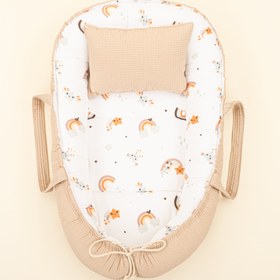Resim Babynest ve Yastık- Çift Taraflı - Bej Petek - Turuncu Gökkuşağı 