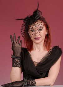 Resim Puantiyeli Gelin Kepi Nikah Şapkası Ve Dantel Bilek Gelin Eldiveni Kombin Set - Siyah 