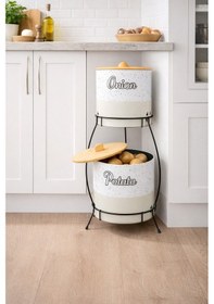 Resim Bambu Kapaklı Metal Patates Soğanlık Krem Taş Desenli Standlı Krem 