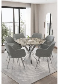 Resim Mutfak Masası Takımı Yemek Masası Takımı 6 Kişilik Yuvarlak Wega Takım 6 Kişilik Gümüş Beyaz Mermer 