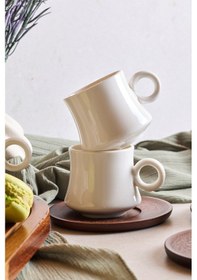 Resim Dark 6'lı Akasya Tabaklı Modern Porselen Kahve Fincanı Seti Beyaz Beyaz 