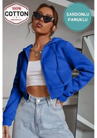 Resim Kadın Saks Mavi Crop Fitted Kapşonlu Zip Fermuarlı Polar Hırka Sweatshirt Saks Mavi 