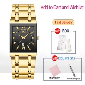 Resim Hanyang Altın Kara Kutu 2022 Erkekler Iş Izle Basit Tasarım Lüks Moda Dikdörtgen Altın Paslanmaz Çelik Takvim Su Geçirmez Kuvars Erkek Saatleri (Yurt Dışından) 