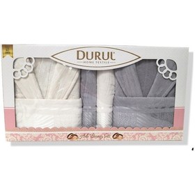 Resim Durul Kadife Jakarlı Aile Bornoz Seti / Gri - Krem 