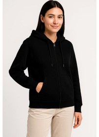 Resim Üç İplik Kapüşonlu Tam Fermuarlı Kanguru Çepli Sweatshirt Hoodie - Siyah SIYAH 