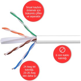 Resim Derkab 25 Metre Cat6 Network-Ağ-Ethernet Kablosu Beyaz 