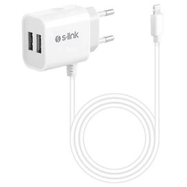 Resim S-link IP-250 5V 2.1A 2 Usb iPhone Lightning Kablolu Ev Şarj Cihazı 