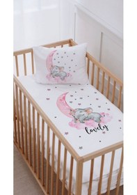 Resim %100 Pamuk Anne Yanı Beşik Nevresim Takımı 60x100 Pembe Temalı Ayda Uyuyan Fil 