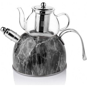 Resim Nishev Mermer Düdüklü Çelik Cam Çaydanlık Takımı Antrasit Gri 