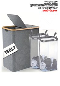 Resim 150 Lt Iki Bölmeli Bambu Kumaş Kirli Çamaşır Sepeti Joseph Model Antrasit 