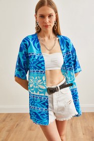 Resim Olalook Kadın Mavi Desenli Dokuma Viskon Kimono KMN-00000065 