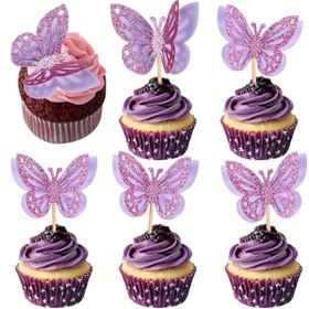 Resim 12 adet Kelebek Cupcake Toppers, Canlı 3D Glitter Kelebek Kek Üstü Çift Katmanlı Mutlu Doğum Günü Kek Dekoru Bebek Duşu Düğün Yıldönümü Dekorasyon Malzemeleri 